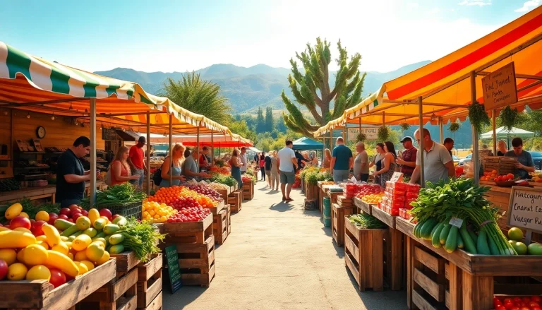 Clarksburg farmer's market bustling with vibrant fresh produce and happy vendors.