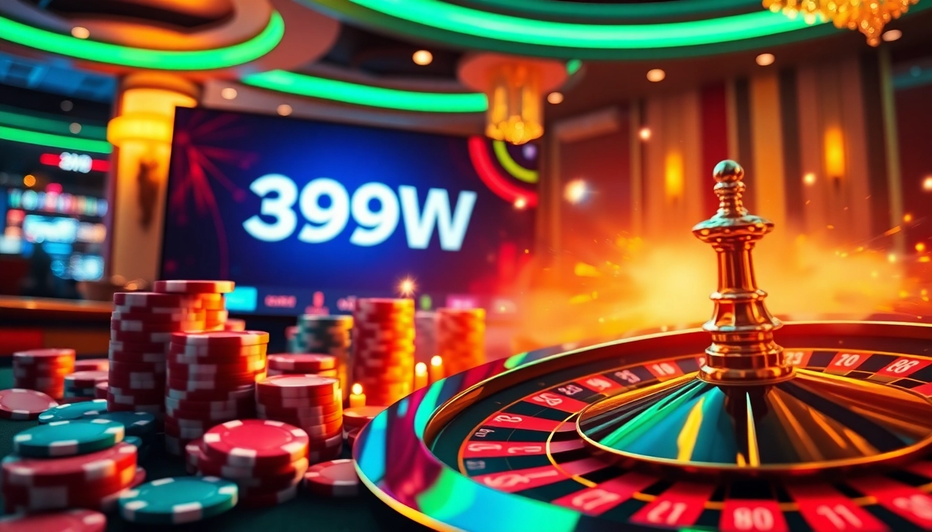 Exciting online gambling scene with 399W branding, showcasing poker chips and roulette wheel.