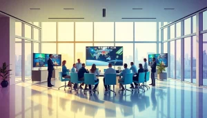 KJC365 professionals collaborating in a modern office, showcasing innovative entertainment projects.