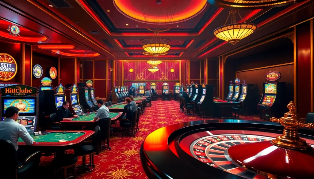 Hitclub-themed casino showcasing poker tables, slot machines, and roulette wheels in an elegant setting.