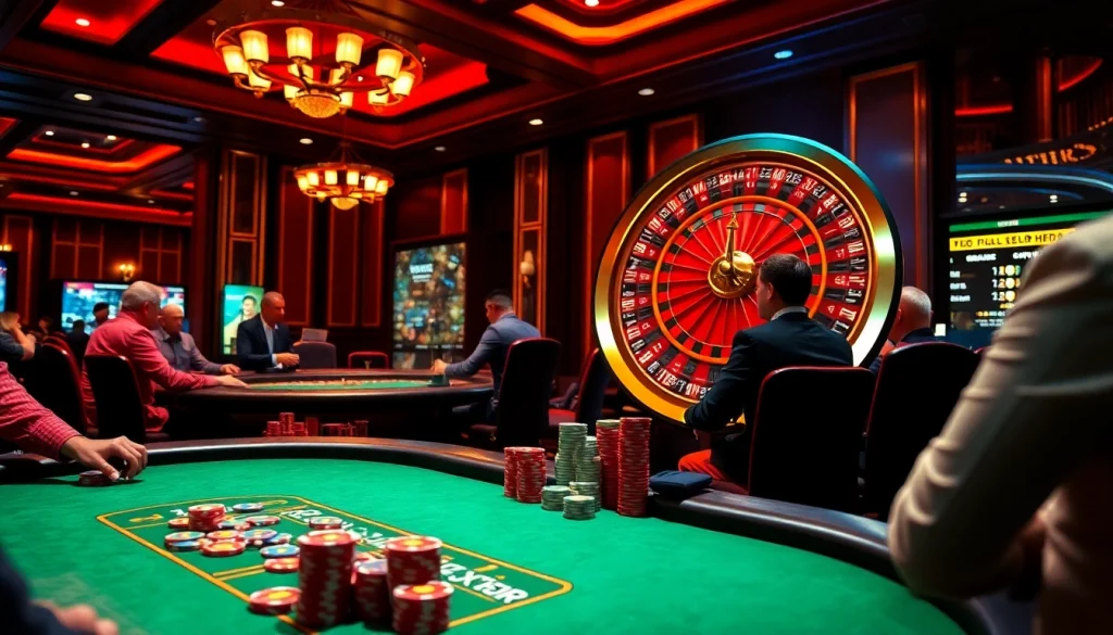 A vibrant casino scene at https://789f.town/ with players engaged at poker tables and roulette wheels, showcasing excitement.