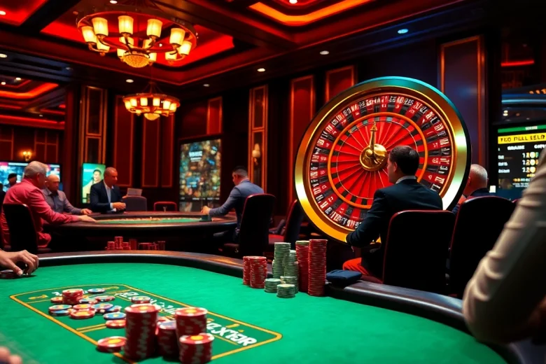 A vibrant casino scene at https://789f.town/ with players engaged at poker tables and roulette wheels, showcasing excitement.