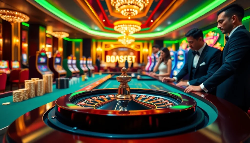 Experience the thrill of 89bet with a dynamic casino scene featuring vibrant gaming tables and excited players.