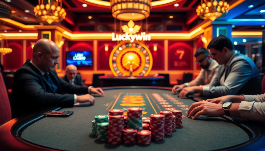 Luckywin players strategizing at a vibrant poker table in a luxurious casino setting.