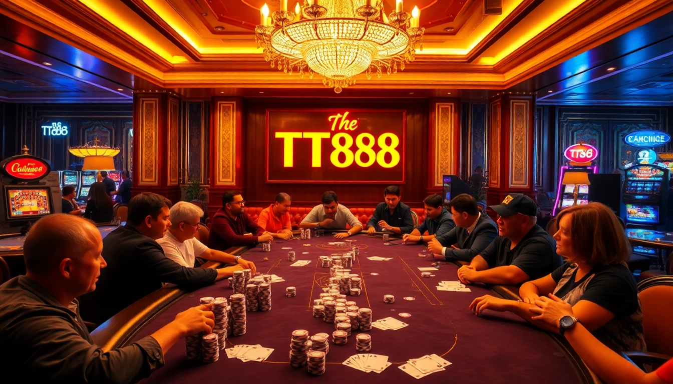 Exciting casino scene featuring TT88 gaming elements with poker, roulette, and eager players.