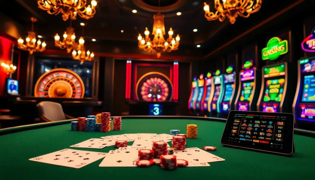 Experience the thrill of gambling with a luxurious scene from https://www.6l777.org/ featuring poker, roulette, and vibrant slot machines.