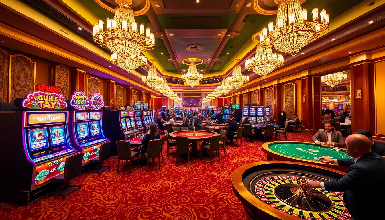 Players enjoying the excitement of FLY88 slot machines and casino tables in a vibrant atmosphere.