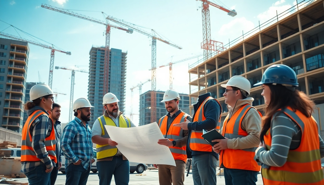 Clients engaging with a construction association in Denver, discussing plans amid a lively job site.