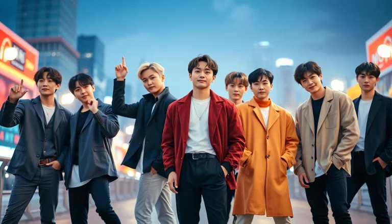 BTS members posing together in vibrant urban setting, showcasing their unique personalities and styles.