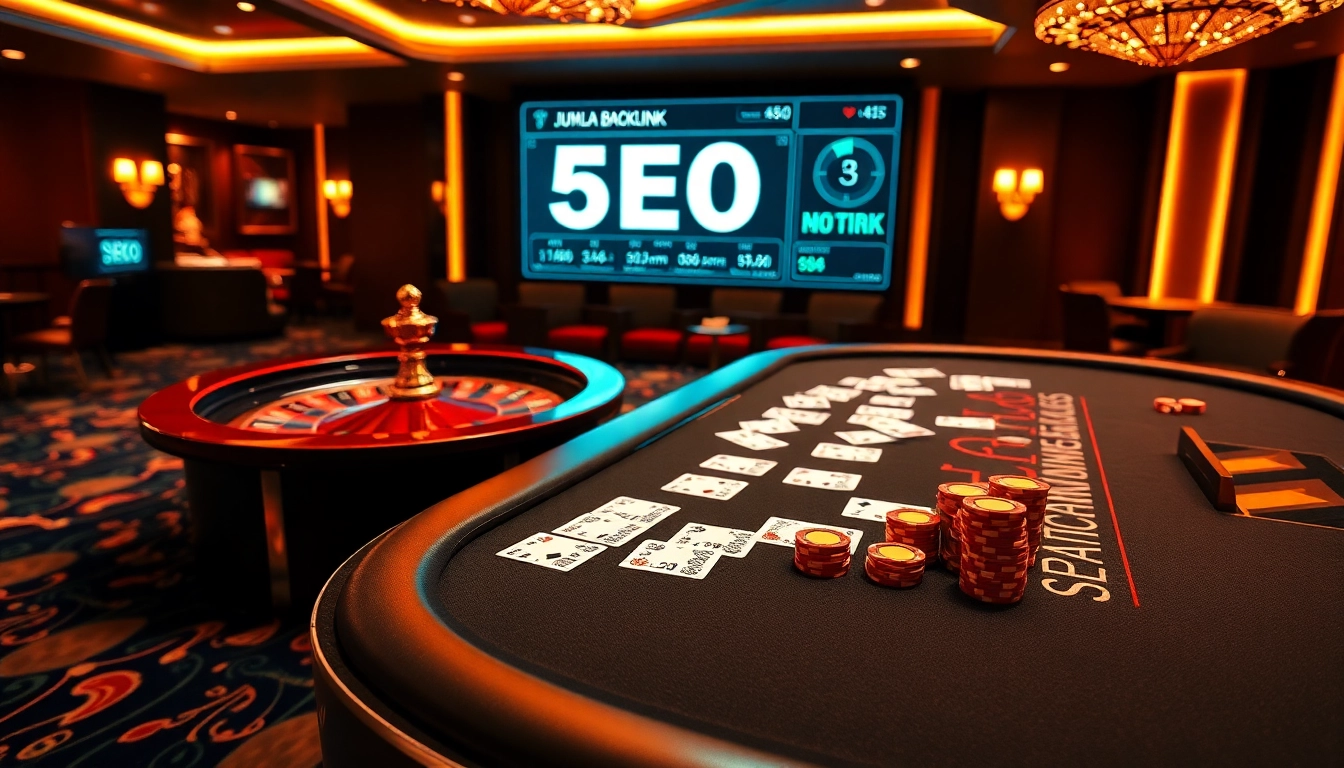 A poker table in a luxurious casino illustrating JUMLAH BACKLINK metrics alongside vibrant chips and cards.