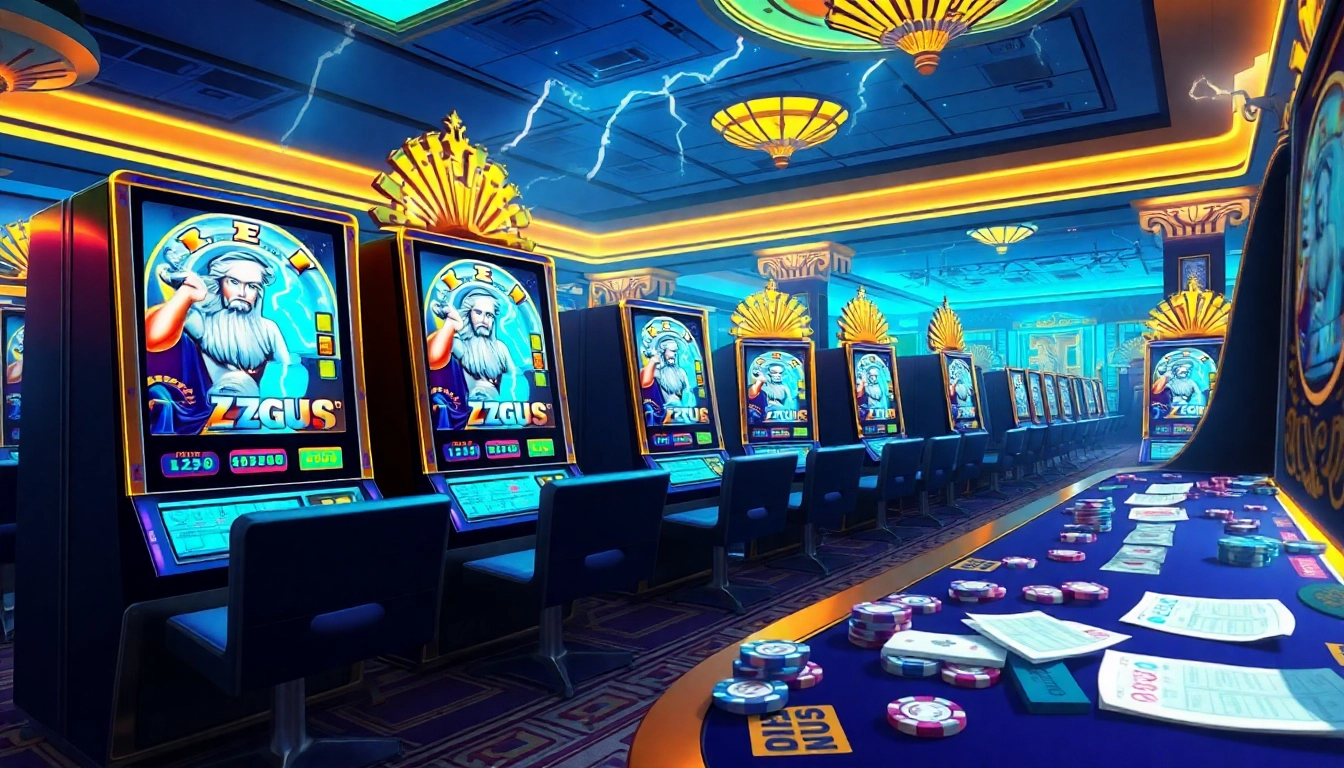 Experience the thrill of slot zeus as players engage with vibrant casino machines.