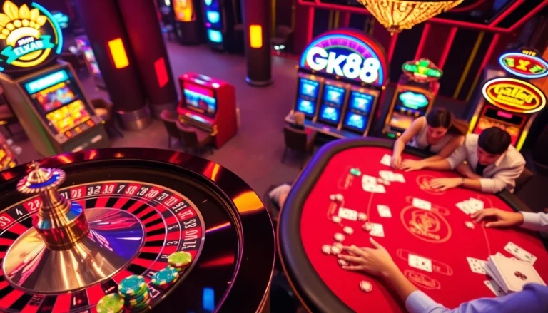 Experience the thrill of GK88 gaming at a luxurious casino, showcasing poker, roulette, and slot machines.