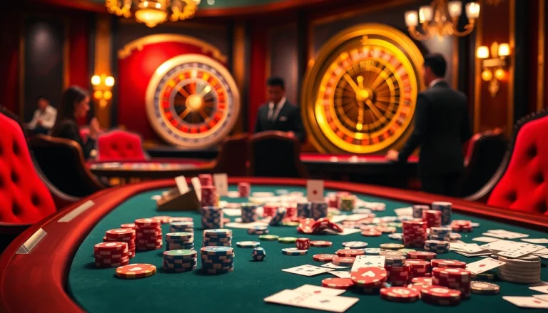 Experience thrilling gameplay at https://win678.ink/ with a lavish casino scene featuring poker chips and lively gamblers.