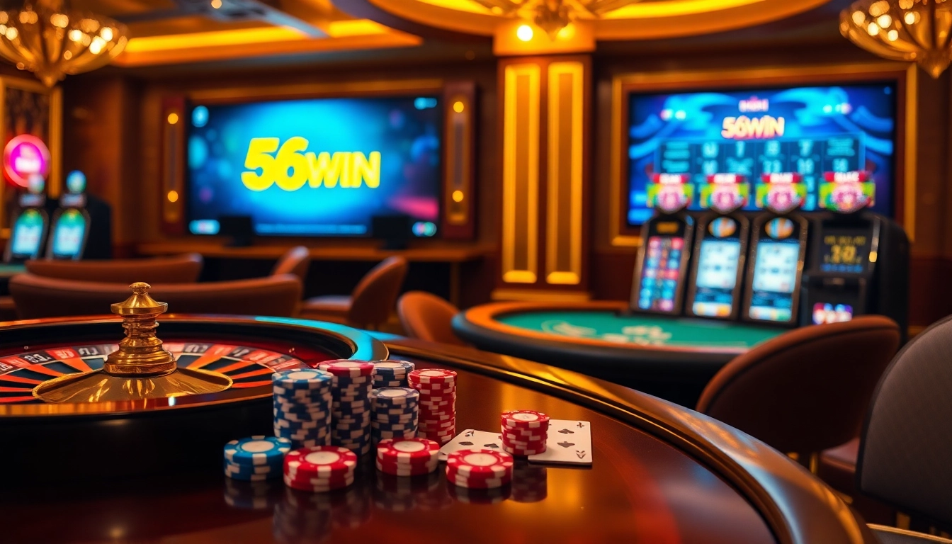 Experience the excitement of gambling at 56WIN with vibrant poker chips and a roulette wheel.
