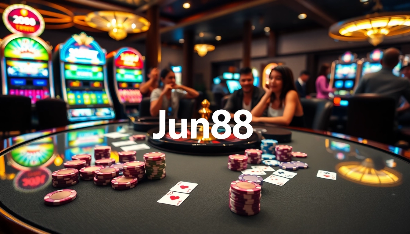 Jun88 players enjoying an engaging casino atmosphere with vibrant poker chips and illuminated slot machines.