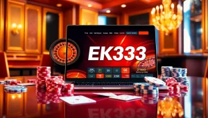 Experience EK333 immersive online gaming with vibrant casino visuals showcasing roulette and poker elements.
