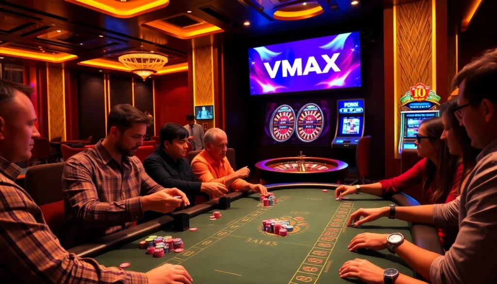 VMAX casino scene with players engaged in a thrilling poker game, exuding excitement and luxury.