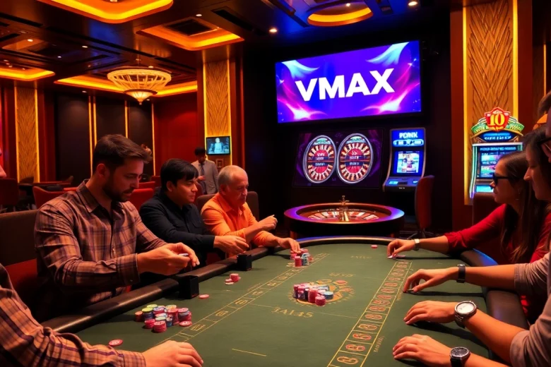 VMAX casino scene with players engaged in a thrilling poker game, exuding excitement and luxury.