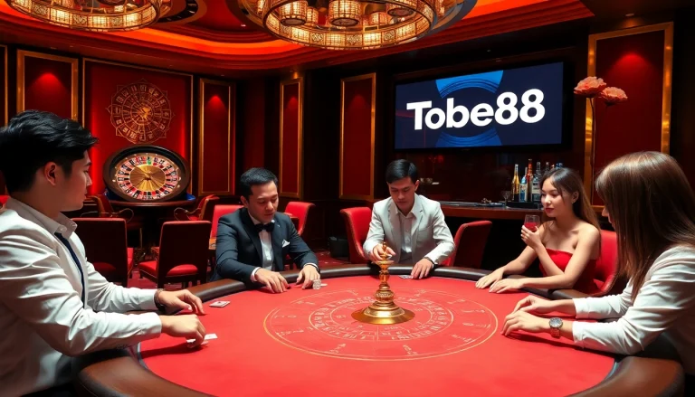 Experience the thrill of betting at Tobet88, featuring luxurious casino games and elegant players at the poker table.