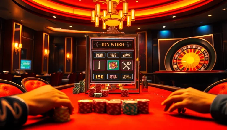 Players enjoy high-stakes action with the IDN slot and poker games in a luxurious casino setting.