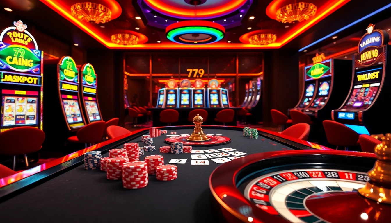 Players enjoying a thrilling gaming experience at 79King casino with vibrant tables and colorful chips.