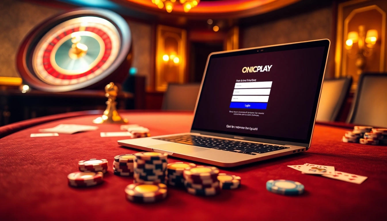 Engage with the ONICPLAY login screen alongside sleek casino elements for an immersive experience.