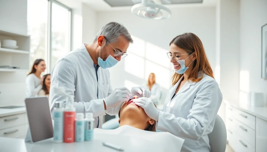 現代の歯科クリニックで、歯科医とリラックスした患者を写したホワイトニング手順の様子。