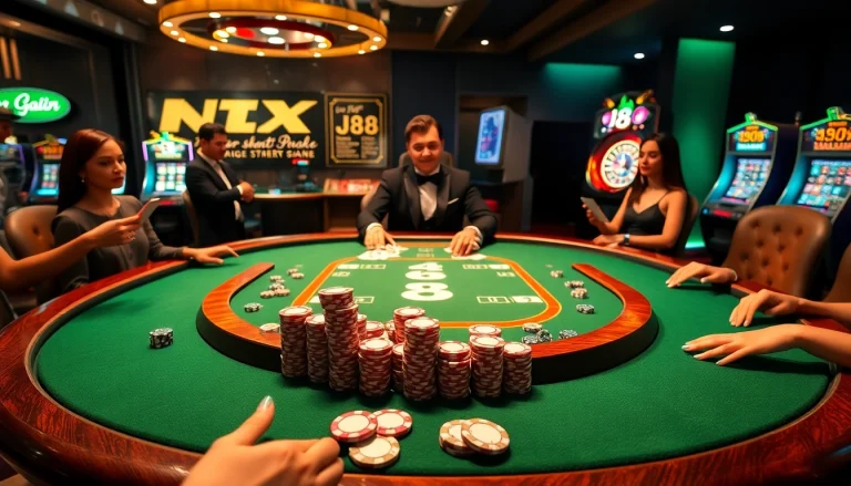 Experience thrilling gameplay at the J88 poker table with vibrant chips and an elegant ambiance.