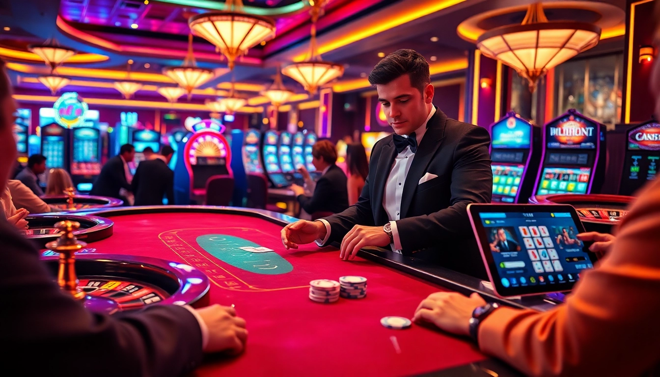 Engage with https://nohu900.in.net/ at a luxurious casino poker table, complete with vibrant games and professional atmosphere.