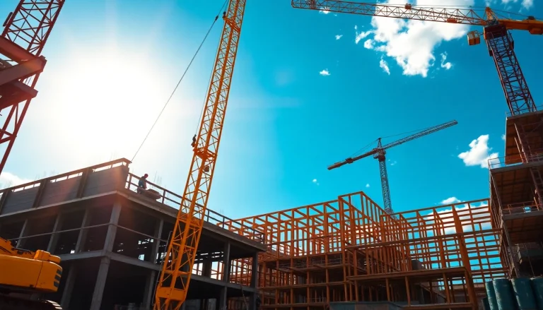 Austin construction site with cranes and workers demonstrating teamwork and progress in vibrant colors.