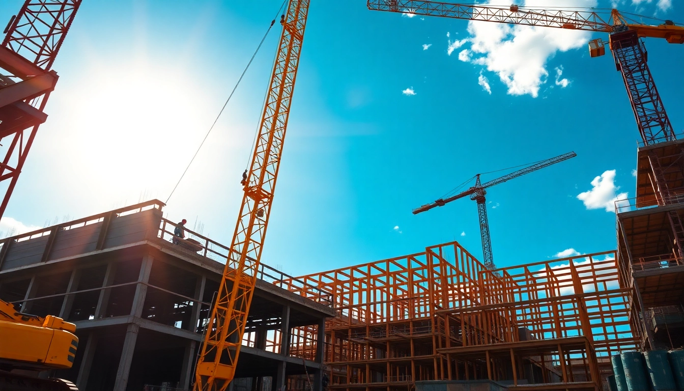 Austin construction site with cranes and workers demonstrating teamwork and progress in vibrant colors.