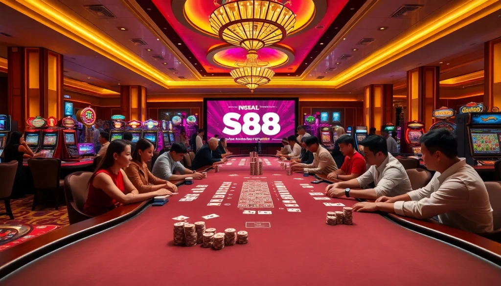 Experience the thrill of gambling with S88 gaming tables, vibrant slot machines, and engaged players.