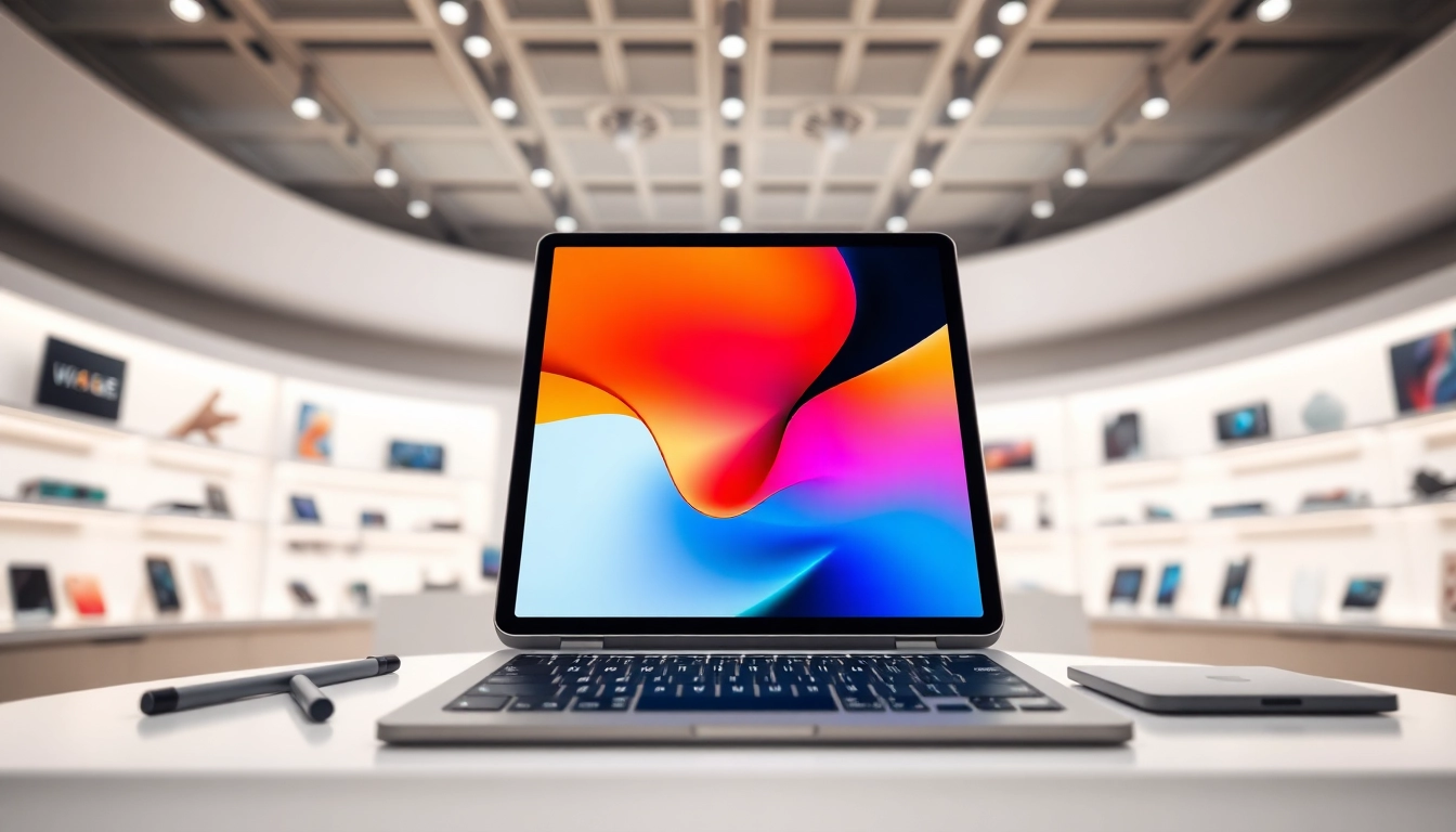 Vibrant display of iPad 9na generación precio con accesorios modernos en un entorno de venta al público.