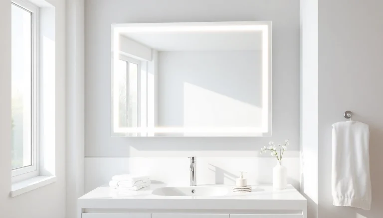 View of an elegant bathroom mirror illuminated by LED lights, enhancing the modern bathroom's aesthetics.