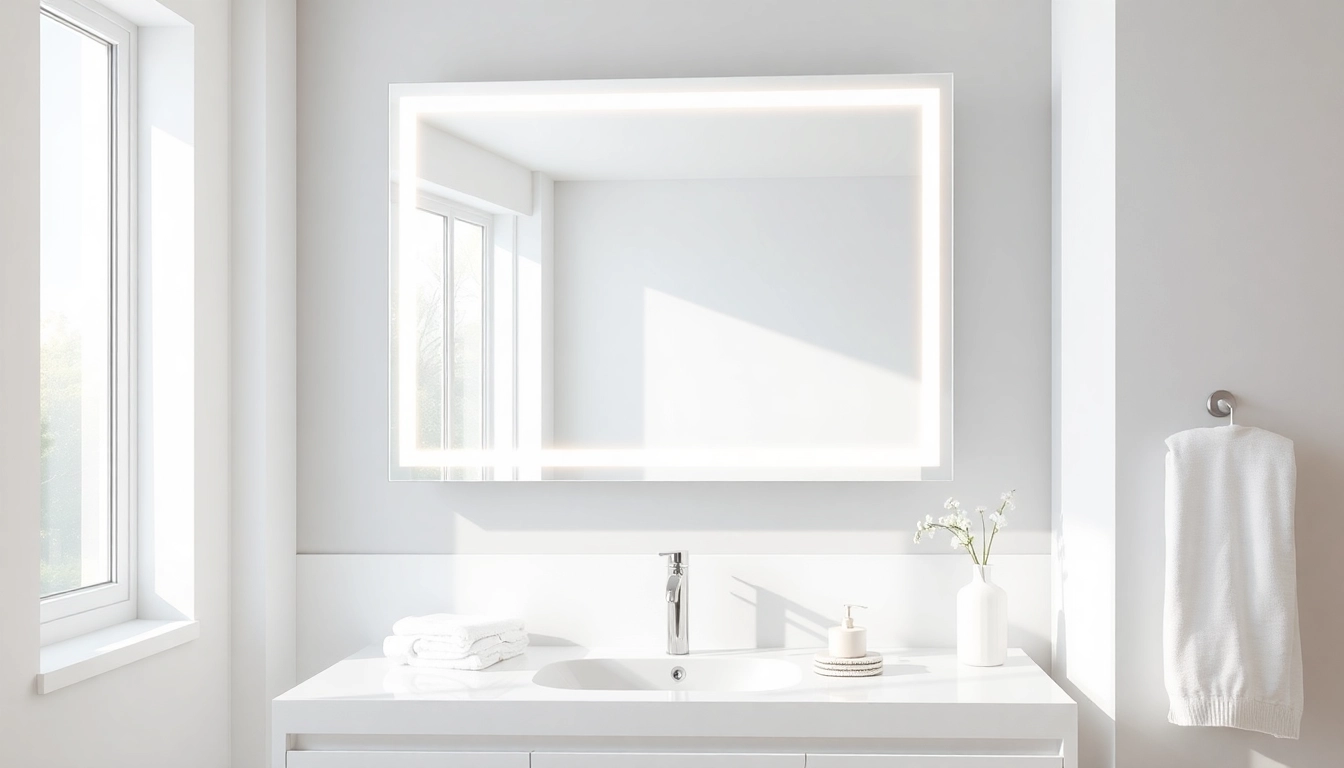 View of an elegant bathroom mirror illuminated by LED lights, enhancing the modern bathroom's aesthetics.