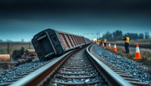 Derailment of a train depicted with a tipped-over car on a broken track highlighting emergency response.
