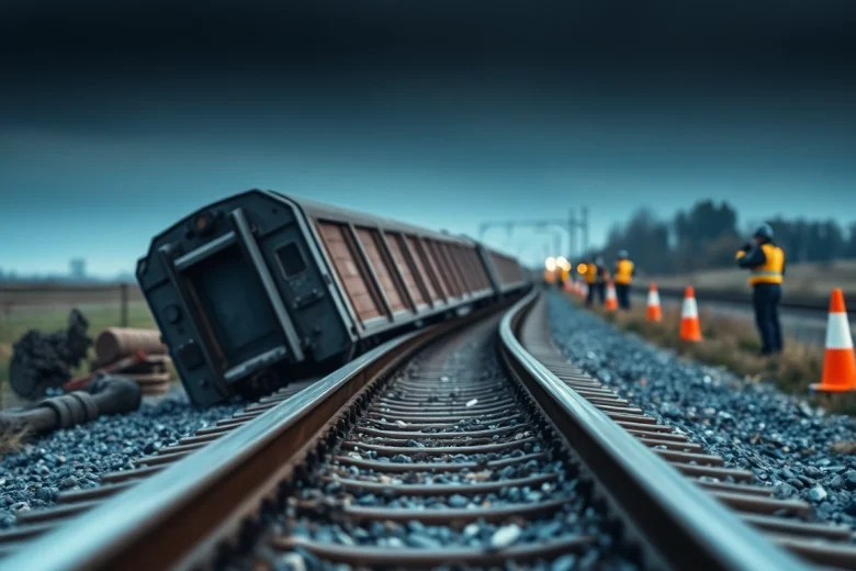 Derailment of a train depicted with a tipped-over car on a broken track highlighting emergency response.
