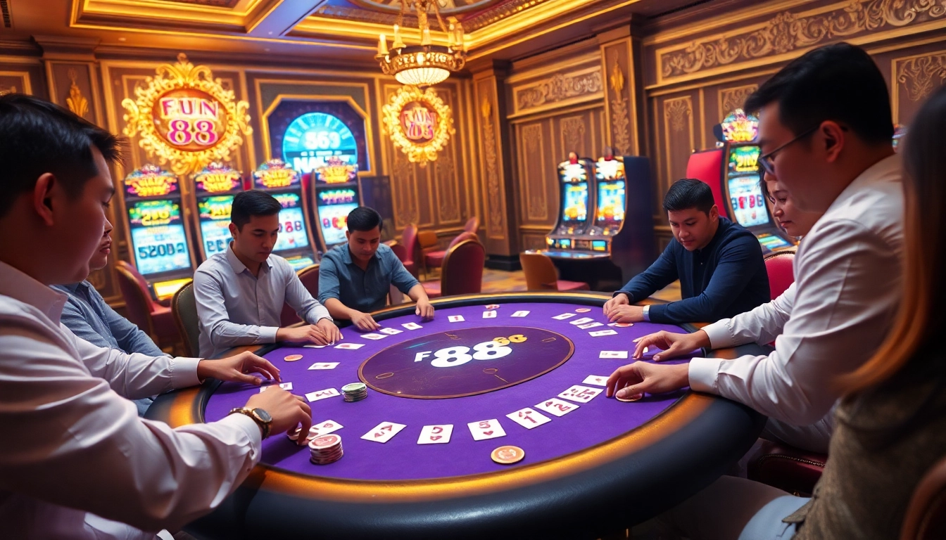 Experience high-stakes action at Fun 88's luxury poker table, featuring vibrant players and exciting gameplay.