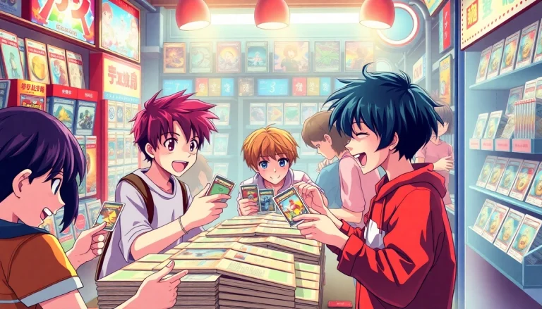 活気ある日本のゲーム環境で、日本トレカセンタークーポンコードのトレーディングカードに熱中する若いプレーヤーたちの興奮した場面。