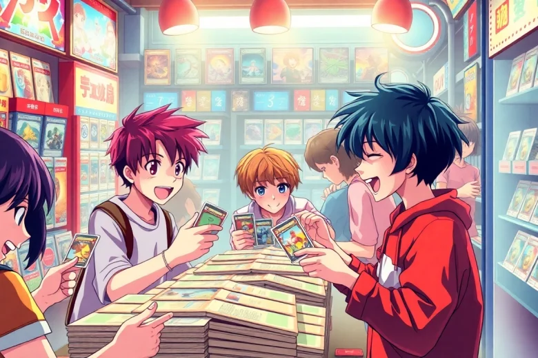 活気ある日本のゲーム環境で、日本トレカセンタークーポンコードのトレーディングカードに熱中する若いプレーヤーたちの興奮した場面。