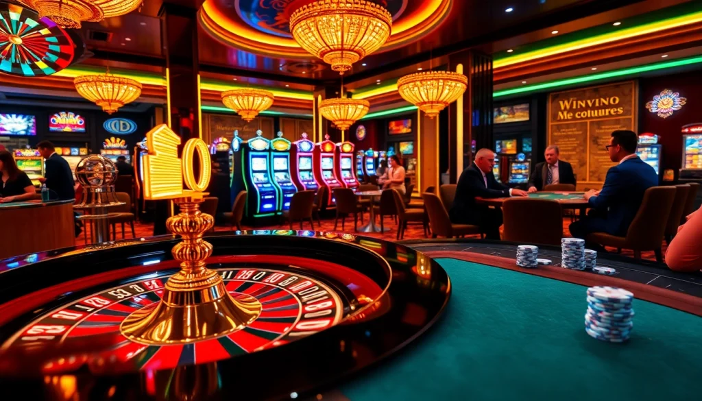 Experience the thrill of lc88 win at a luxurious casino featuring vibrant roulette, poker chips, and slot machines.