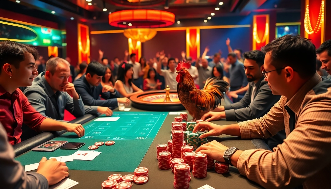 Players engaging in live betting at Gavb79's exciting cockfighting event in a vibrant casino setting.