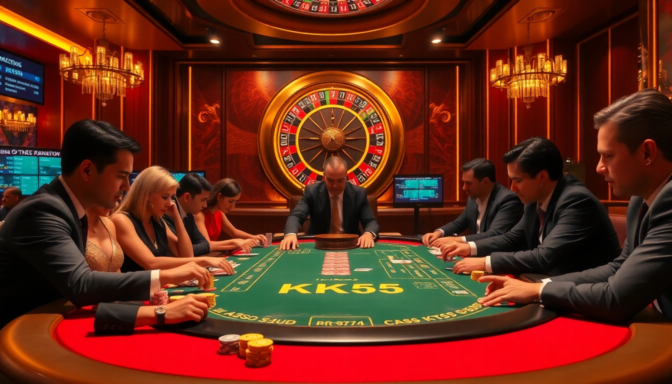 Gambling excitement at a poker table with KK55 betting slip and chips in a luxurious casino.
