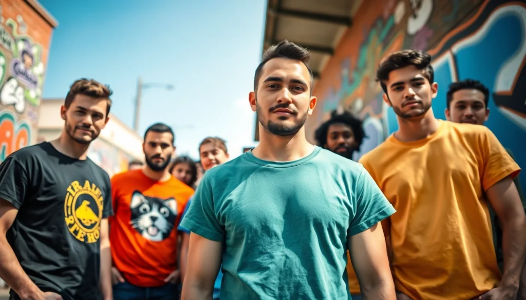 Vyriški marškinėliai su spauda, rodomi ryškiame miesto aplinkoje.