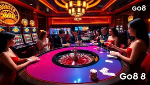 Go8 casino players engage at a luxurious roulette table filled with excitement and sophistication.