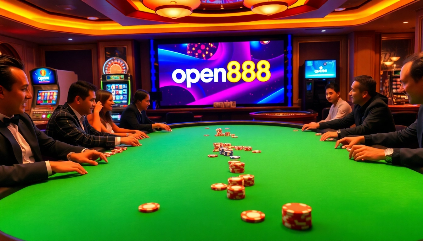 Experience excitement at open888 with a vibrant poker table and slot machines in a luxurious casino setting.