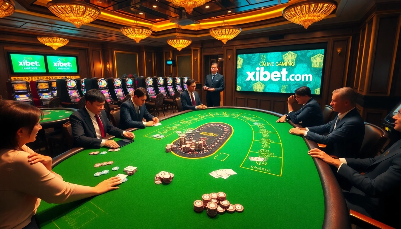 Xibet1.com showcases a dynamic casino scene with poker tables and vibrant slot machines.