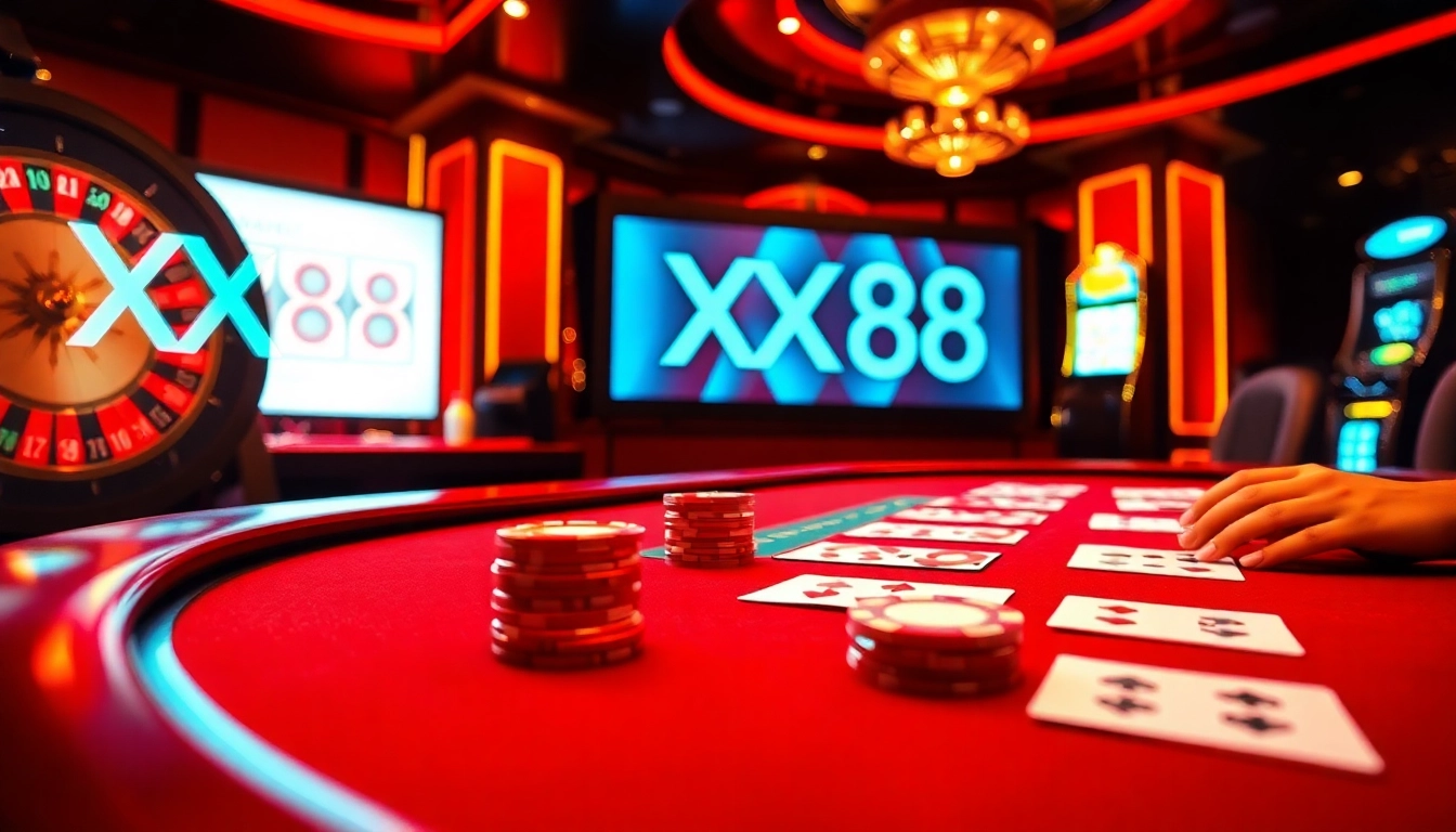 Players at the XX88 casino enjoy a thrilling poker game under the warm, luxurious lighting.