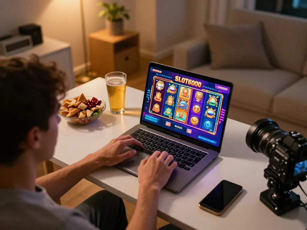 SLOT6000 gaming experience on laptop with vibrant interface set in a cozy home environment