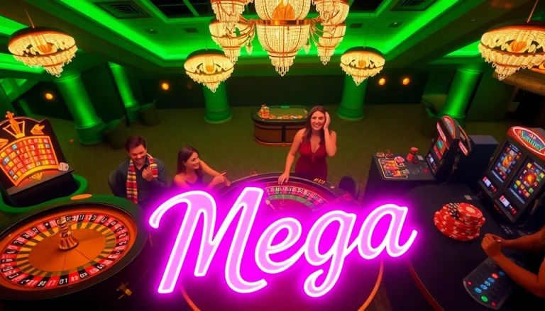 Mega casino scene showcasing players at a roulette table with vibrant poker chips.